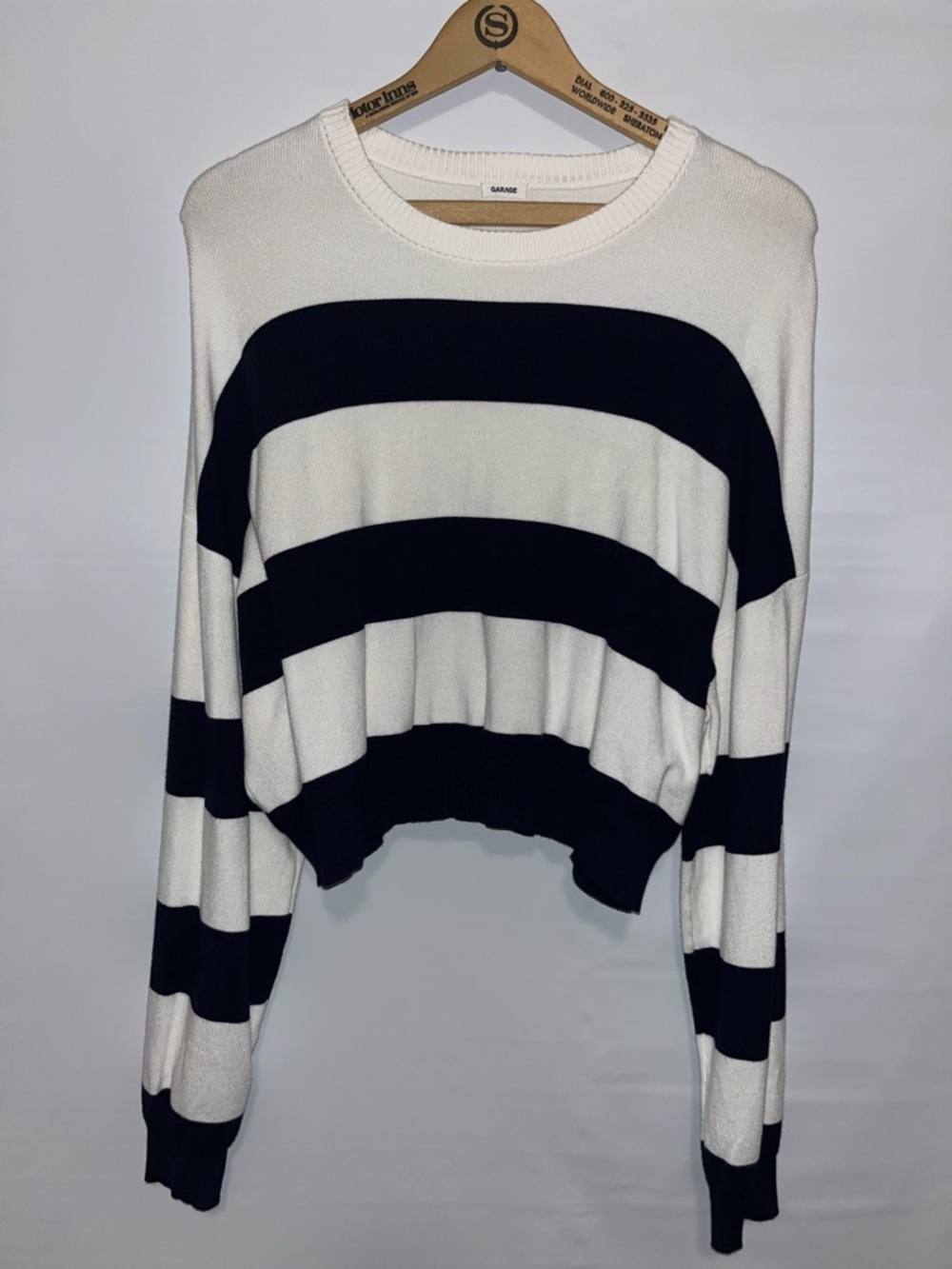 Garage Boxy Maritime Blue/Snow White Striped Cropped Sweater Size M